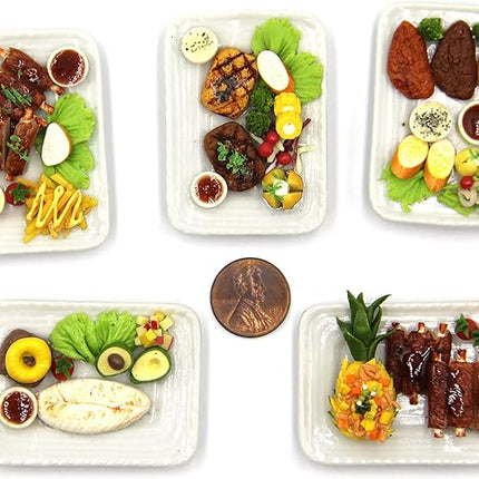 Lovely Mixed 5 Assorted Hawaiian Grilled, Steak, with Appetizer Dish Dollhouse Miniature Food, Tiny Food for Collectibles, Compatible with Barbie Dollhouse and Diorama Scale 1:6, 1/6