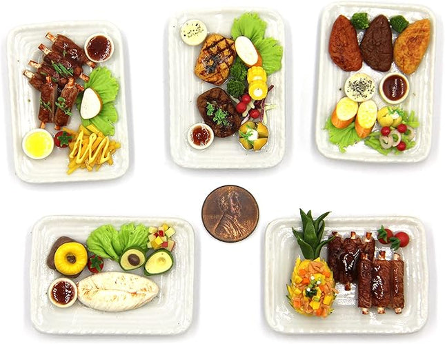 Lovely Mixed 5 Assorted Hawaiian Grilled, Steak, with Appetizer Dish Dollhouse Miniature Food, Tiny Food for Collectibles, Compatible with Barbie Dollhouse and Diorama Scale 1:6, 1/6
