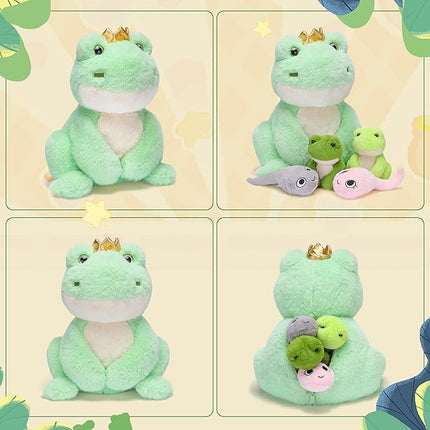 IKASA Mommy Frog Stuffed Animal Mom and Baby Plush Toy, Cute 14" Soft Small Mama Family Set Cuddly Toy with Little Mini Babies,Gifts for Kids