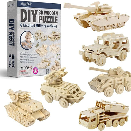Hands Craft DIY 3D Wooden Puzzle – 6 Assorted Military Vehicles Bundle Pack Set Brain Teaser Puzzles Educational STEM Toy Adults and Kids to Build Safe and Non-Toxic Easy Punch Out Premium Wood JP2B6