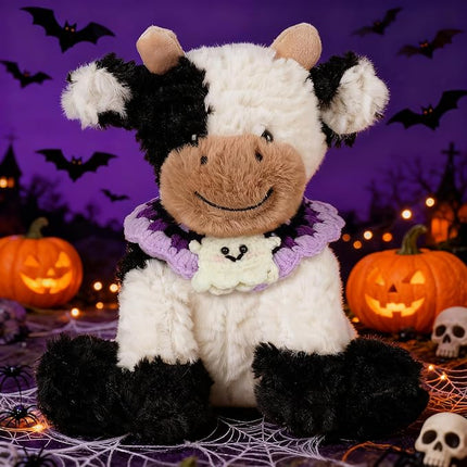 Hopearl Adorable Halloween Plush Cow Toy with Knitted Cute Ghost Bib Floppy Dairy Cattle Soft Stuffed Animal Gifts for Boys Girls Kids Toddlers, 9''