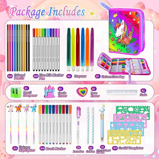 weirtoya 53 PCS Washable Scented Markers Set with Glitter Pencil Case, Mermaid Unicorn Arts and Crafts for kids 4-6-8 Kids Coloring Drawing Kits for 4-8 Years Old Girls Birthday Gifts
