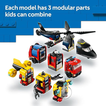 LEGO City Helicopter, Fire Truck & Submarine Remix Kids Toy - 3 Building Toys in 1 for Boys and Girls, Ages 7+ - Gift for Christmas - with 3 Minifigures - 60462