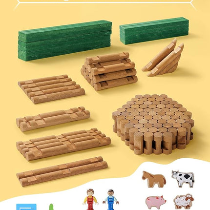 SainSmart Jr. Wooden Log Cabin Set Farm Building House Toy for Toddlers, 122 PCS Classic STEM Construction Kit with Colorful Wood Logs Blocks for 3+ Years Old