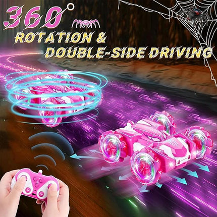 Spider Remote Control Car, Double Sided 360°Rotating USB Direct Charging RC Cars with Cool Lights, 2.4Ghz Drift RC Stunt Car, 360°Rotating 4WD Off-Road Race Toys for 4-12 Boy Girl Kids Gifts(Pink)