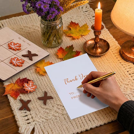 12 Pcs Fall Tic Tac Toe Game, Mini Wooden Tic Tac Toe Strategic Board Game with Maple Leaf, Brown X Pieces, Thanksgiving Cards Included, Ideal for Fall Holiday Party Favor Family Activities