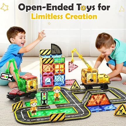100 PCS Magnetic Tiles Road Set with 3 Cranes & 2 Cars - Magnetic Blocks City Construction Building Toys for 3+ Year Old Boys Girls Ideal Preschool Learning Outdoor Creative Toddler Kids Toys