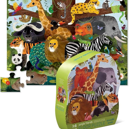 Crocodile Creek 36-Piece Jigsaw Floor Puzzle - Fun Floor Puzzles for Kids Ages 3-5 - Heavy-Duty Shaped Box for Storage - Jungle Friends - 24" W x 18" H Finished