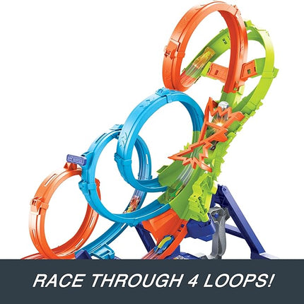 Hot Wheels Track Set with 4 Loops, 3-Way Crash Zone & Motorized Booster, Folds for Storage, with 1:64 Scale Toy Car