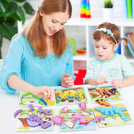 SYNARRY 6 Pack Dinosaur Wooden Puzzles for Kids 3-5, Wooden Puzzles for Toddlers, Dinosaur Educational Puzzles for Toddlers 3 4 5 Year Old, Easter Basket Stuffers Valentines Day Gifts for Kids