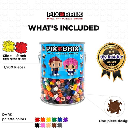 Pix Brix Pixel Art Puzzle Bricks Bucket – 1,500 Piece Pixel Art Kit with 11 Colors, Dark Palette – Interlocking Building Bricks, 2D and 3D Builds – Stem Toys, Ages 6 Plus