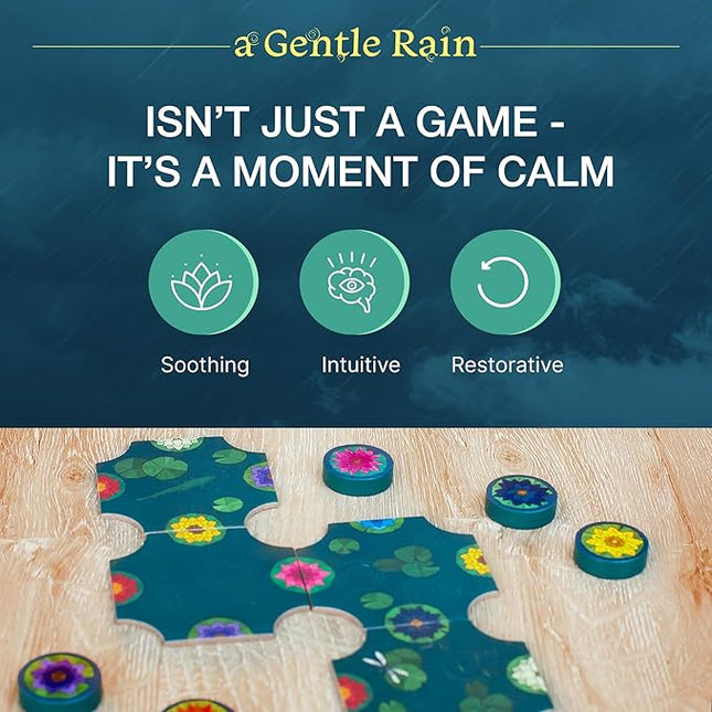 A Gentle Rain – Calming Tile-Laying Puzzle Game – Mindful Solo, 2-Player, or Cooperative Play in 15 Minutes – Soft-Touch Tiles & Wooden Blossoms – Compact, Giftable, Family-Friendly Board Game
