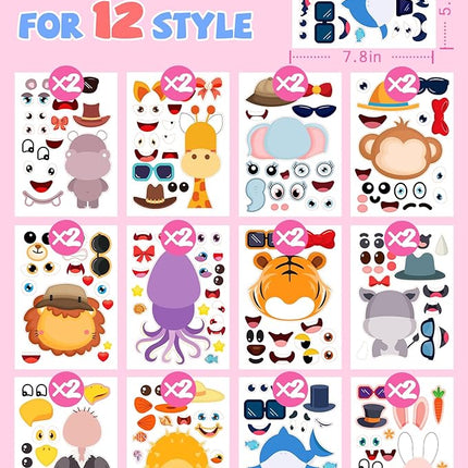 24 Pcs Make Your Own Animal Sticker Sheet, Animal Party Favors Face Stickers for Kids Girls Toddlers Crafts Activities Bags Birthday Party Favors Supplies