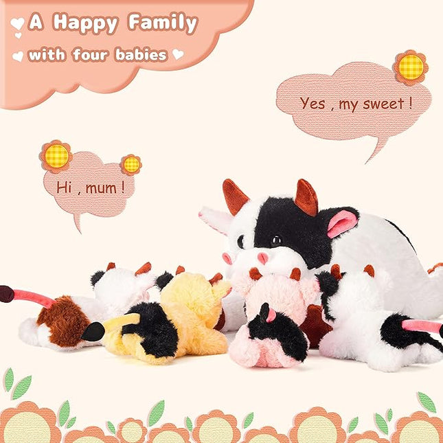IKASA Mommy Cow Stuffed Animal Mom and Baby Plush,Cute 17" Soft Small Fluffy Mama Family Set Cuddly Huggable Toy with Little Mini Babies