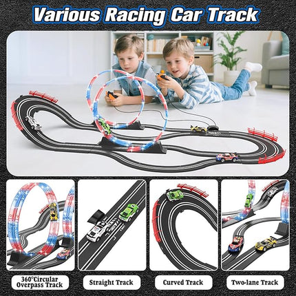 2-in-1 Slot Car Race Track Set with 4 High-Speed Cars, Electric Track, Dual Racing Game with 2 Controllers, Circular Overpass Design Featuring Flash Tracks. Toy Gift for Boys Kids Ages 4-6 6-8 8-12