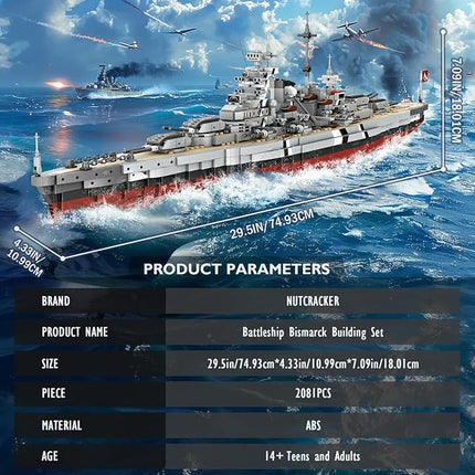 NUTCRACKER Battleship Bismarck Building Block Set - Large MOC Military World-Bismarck Class Battleship Model, Collectible Display Battle Ship Boat Toys Sets for Adults Teens Boys 14+ (2081Pieces)