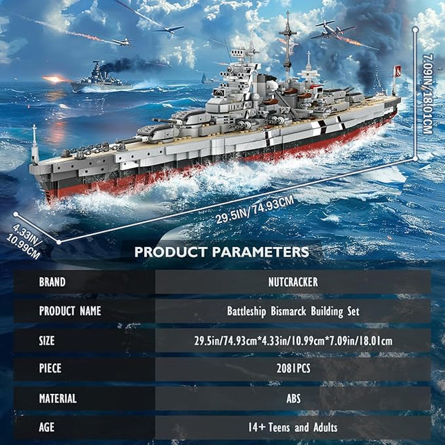 NUTCRACKER Battleship Bismarck Building Block Set - Large MOC Military World-Bismarck Class Battleship Model, Collectible Display Battle Ship Boat Toys Sets for Adults Teens Boys 14+ (2081Pieces)