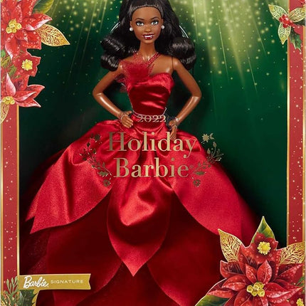 Barbie Signature 2022 Holiday Doll, Dark-Brown Wavy Hair Wearing Red Poinsettia-Inspired Gown, Collectible with Doll Stand & Certificate of Authenticity