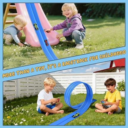 Flex Race Car Track 15 Ft for Kids 3+ Toys, with 4 Small Racecars, Suitable for Hot Wheels and Diecast 1/64th Cars, Rolls Up Race Tracks with Strong Suction Cups
