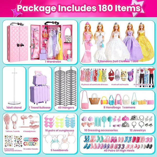 UCanaan 180 Pcs Doll Clothes and Accessories Set, Princess Gowns, Dresses, Tops, Pants, Shoes, Hangers, Fashion Doll Wardrobe, Ages 3+