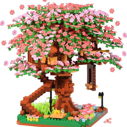 Cherry Blossom Tree Building Block Set Gift for Adults, Cherry Bonsia Treehouse Micro Building Blocks, Japanese Sakura Flowers House 2138PCS