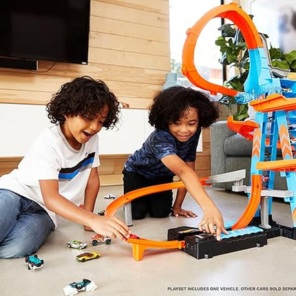 Hot Wheels Sky Crash Tower Track Set, 2.5+ ft / 83 cm High with Motorized Booster, Orange Track & 1 Hot Wheels Vehicle, Race Multiple Cars, Gift for Kids 5 to 10 Years Old & Up