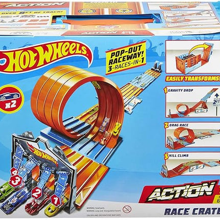 Hot Wheels Toy Car Track Set, Race Crate Transforms into 3 Different Builds, Includes Storage & 2 Cars in 1:64 Scale (Amazon Exclusive)