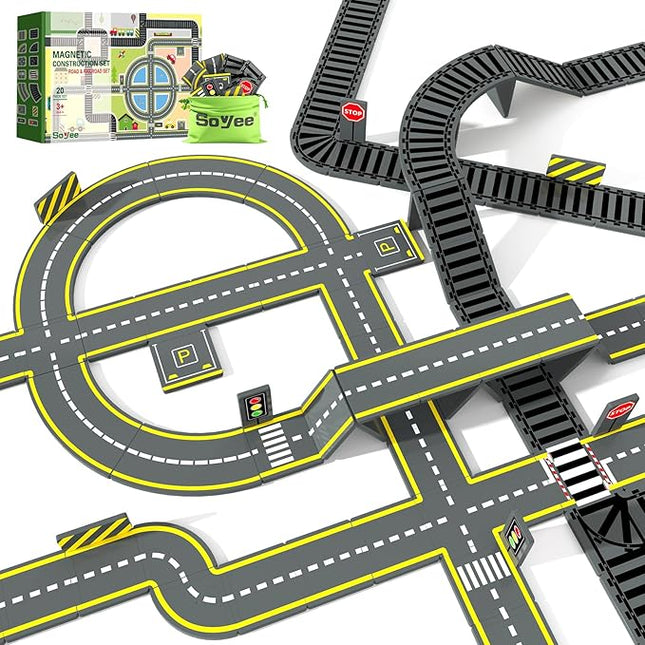 Magnetic Tiles Road & Train Track Expansion Pack Magnetic Building Blocks Construction Kids Toys for Ages 3-12 Boys Girls Building Toys Includes Road Tracks, Traffic Lights, Parking Spot