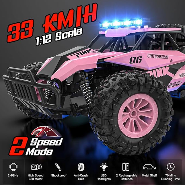 BLUEJAY Remote Control Car, 2.4GHz High Speed 33KM/H RC Cars Toys, 1:12 Monster RC Truck Off Road with LED Headlight and Rechargeable Battery Gifts for Adults Boys 8-12