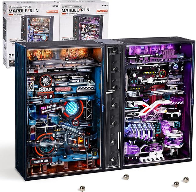 ROKR 2 in 1 Marble Run kit, 3D Plastic Puzzles for Adults, The Last City and The Future City Two Metal Models DIY Miniature Building Toy Kits, Gift for Women Men (Parallel World MRX01)