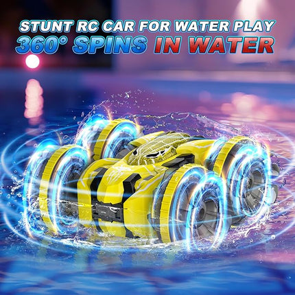 Waterproof Remote Control Car，4WD Land & Water 2.4 GHz RC Car Remote Control Boat，360°Rotation RC Stunt with LED Lights，Boys Girls Gifts All Terrain Water Beach Pool Toy Yellow