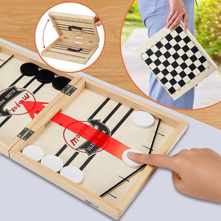 Fast Sling Puck Game - 2 in1 Chess Board and Desktop Battle Super Winner Game,Fast Action Wooden Air Hockey Board Game,Adults and Kids Family Friend Funny Slingshot Game Toys