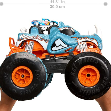 Hot Wheels Monster Trucks RC Toy, Remote-Control Transforming Rhinomite in 1:12 Scale & 1:64 Scale Race Ace, Converts into Launcher, Connects to Track