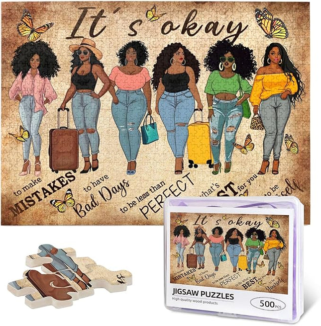 African American Jigsaw Puzzles 500 Pieces for Adults, Black Woman with Self-Love Affirmations, Empowering Wooden Puzzle for Stress Relief & Home Decor