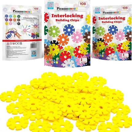 PicassoTiles Building Chip Interlocking Disc Construction Blocks in Yellow Color STEM Learning Early Education Toy Engineering Playset Child Brain Development for Toddlers Girls Boys Kid Age 3+ PTF108