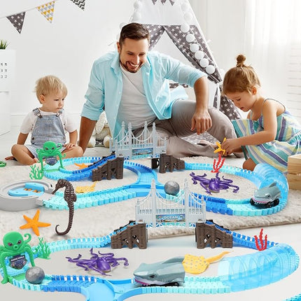 VATOS Track Toys 183 Pcs Shark Race Car Toys for Boys Girls 3 4 5 6 7 9 Year, Bendable Flexible Racetrack Cars with Shark & Ball, Ocean Theme Train Toys, STEM Educational Playset Birthday Gift