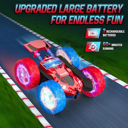 Remote Control Car Double Sided 360°Rotating 4WD RC Cars with Headlights 2.4GHz Electric Race Stunt Toy Car Rechargeable Toy Cars for 6-12 Year Old Boys Girls Birthday Gift (Red and Blue)