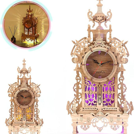 3D Wood Puzzle LED Tower Clock, 3D Puzzle Building Desktop Clock Model DIY Architectural Building Blocks (LED-TC01 Wood)