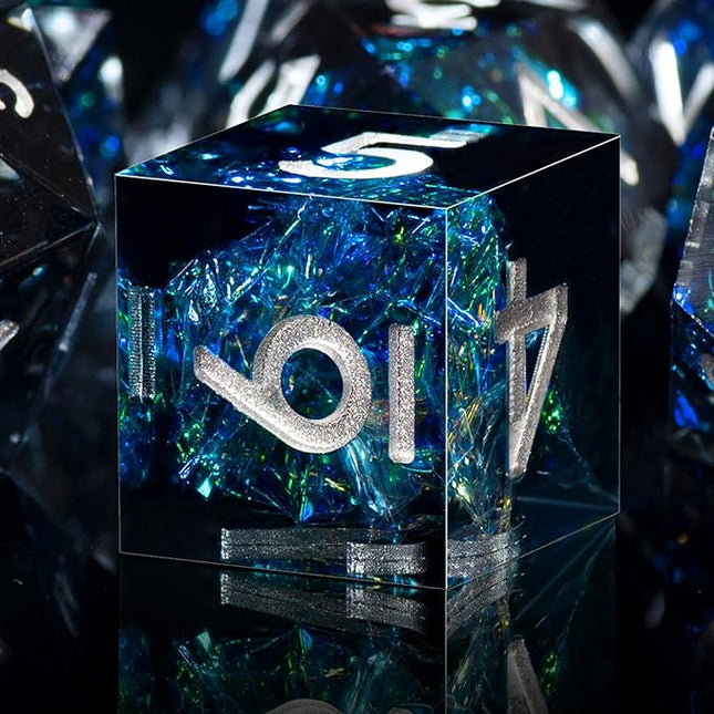 AUSTOR 7-Die DND Dice Set Handmade Sharp Edge Polyhedral Dice for Dungeons and Dragons D&D RPG MTG Table Games（Dark Star, Silver）