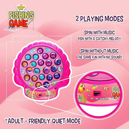 Fishing Game Play Set - 21 Fish, 4 Poles, & Rotating Board w/ On-Off Music - Family Children Backyard Pink Toy Games for Kids and Toddlers Age 3 4 5 6 7 Girls and Up