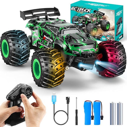 Remote Control Car, 1:18 Rc Cars, All-Terrain RC Truck with LED Light, 20KM/H, Rechargeable, 2WD, 2.4GHz, Sturdy PVC Shell, Remote Control Truck for Boys 4-7 8-12, Beginner (Green)