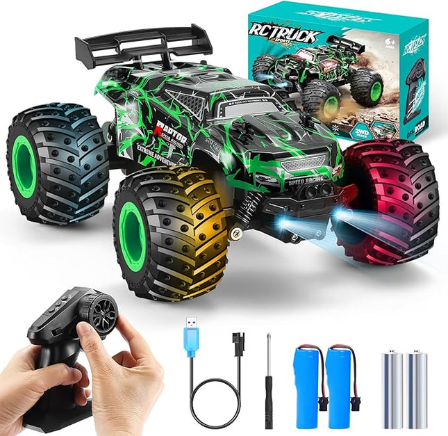 Remote Control Car, 1:18 Rc Cars, All-Terrain RC Truck with LED Light, 20KM/H, Rechargeable, 2WD, 2.4GHz, Sturdy PVC Shell, Remote Control Truck for Boys 4-7 8-12, Beginner (Green)