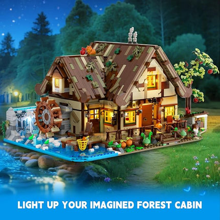 Wood Cabin Mini Building Set with Lights, Forest House Building Block Kit with Animals Stream Waterwheel, 2570 PCS Treehouse Construction Model Toy Collection for Adults Teens Boys Girls 12+