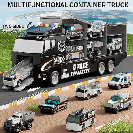Toddler Boys Toys for 3 4 5 6 Years Old, Police Truck Vehicle Toy Set with Play Mat and Die-Cast Toy Car, Transport Carrier Truck for Kids, Birthday Gifts Toys for 3 4 5 6 7 8+ Year Old Boys