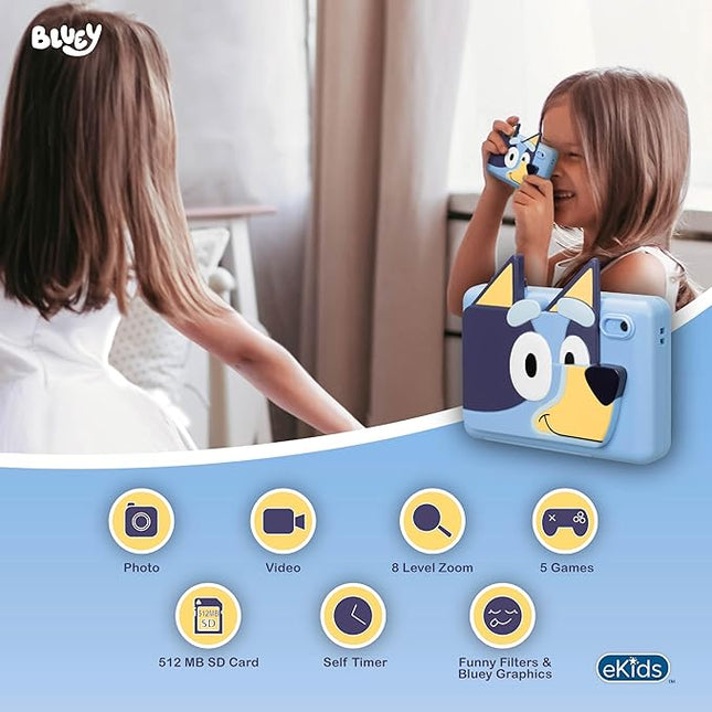 ekids Bluey Kids Camera with SD Card, Digital Camera for Kids with Video Recording, Built-in Digital Stickers, Bluey Toys Make Great Stocking Stuffers for Kids
