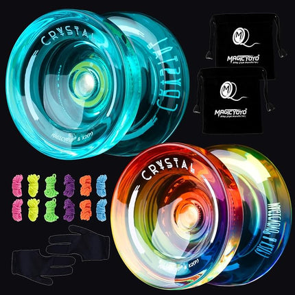 MAGICYOYO Pack of 2 Yoyos - K2 Responsive Yo-yo for Kids Beginners Yo Yo with 2 Yoyo Gloves, 2 Yo yo Bags, 12 Yo-yo Strings (Crystal Green+Blue Pink Yellow)