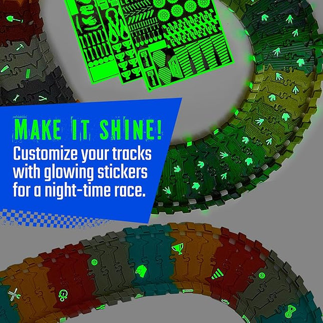 Extra 72 Track Pieces & 3 Glow Sticker Sheets Pack – Expand Your Racetrack Fun! Build Bigger, Race Faster, and Shine Brighter!