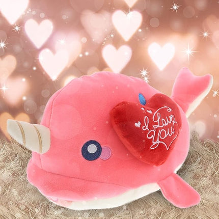 DolliBu I Love You Valentine Plush Pink Narwhal - Cute Stuffed Animal with Red Heart and Name Personalization Gift for Valentine's Day, Birthday, Anniversary - 11.75 Inches