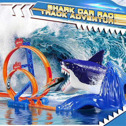 VATOS Shark Toys Car Track Set, Dual Loop Race Track Toy for Boys, Shark Car Racing Tracks with 2 Race Cars & Launchers, Jumping Raceway Playset Kids Toys Gift for Boys Girls 3 4 5 6 7 8 Year Old