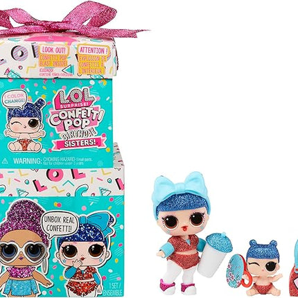 L.O.L. Surprise! Confetti Pop Birthday Sisters- with Collectible Doll, Lil Sister, 10 Surprises, Confetti Surprise unboxing, Accessories, Limited Edition Doll, Present Box Packaging